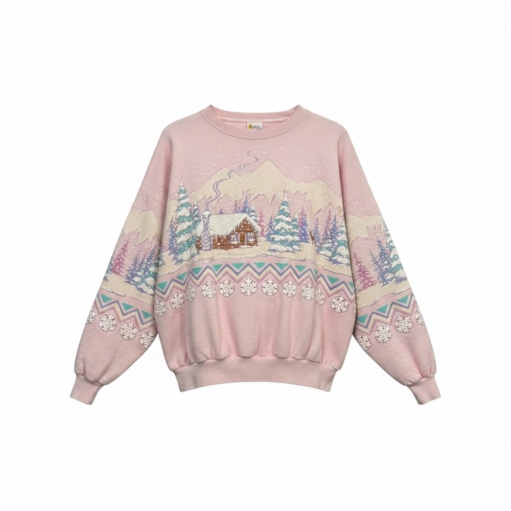 Lifestyles Winter Cabin Sweatshirt Womens One Size Pink Good 3D Puff Print 90s